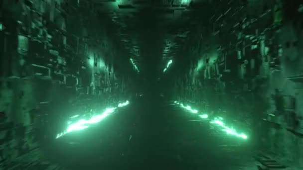 Infinito volo in un futuristico corridoio metallico con illuminazione al neon. Tecnologia e concetto futuro. loop di rendering 3d senza soluzione di continuità. Moderno spettro di luce verde — Video Stock