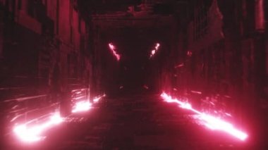 Fütürist metal bir koridorda neon ışıklı sonsuz uçuş. Teknoloji ve gelecek kavramı. Kusursuz döngü 3D görüntüleme. Modern kırmızı ışık tayfı