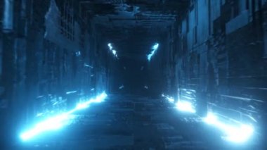 Fütürist metal bir koridorda neon ışıklı sonsuz uçuş. Teknoloji ve gelecek kavramı. Kusursuz döngü 3D görüntüleme. Modern mavi ışık tayfı