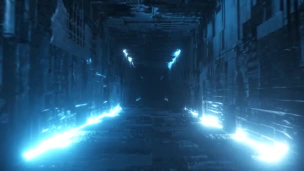 Niekończący się lot futurystycznym metalowym korytarzem z oświetleniem neonowym. Technologia i koncepcja przyszłości. Płynna pętla 3d renderowania. Współczesne widmo niebieskiego światła — Wideo stockowe