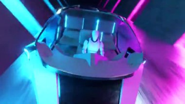 Uzun bir tünelde, gelecekten gelen bir arabanın direksiyonunda robot uçurmak. Yapay zeka ve gelecek konsepti. Kusursuz 3D döngü oluşturucu.