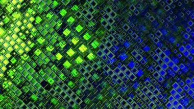 4K progunda yüzen renkli cam küplerin 3 boyutlu animasyonu soyut bir grafik arkaplan teknolojisi dokusu yaratıyor. Kusursuz döngü 3D görüntüleme. Yeşil mavi renk