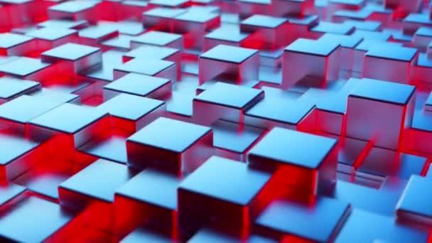 Абстрактный сине-красный метафизический фон из кубиков. Стена из металлического куба. Бесшовный трехмерный рендер — стоковое видео