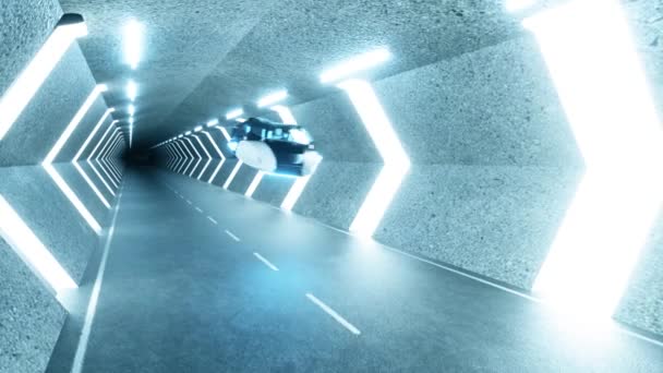 Terowongan panjang Futuristik dengan mobil terbang. Robot di kursi pengemudi. Kecerdasan buatan dan konsep masa depan. Tampilan loop 3d tak beraturan. — Stok Video