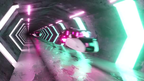 Futuristico tunnel lungo con auto volanti. Robot al posto di guida. Intelligenza artificiale e concetto di futuro. loop senza soluzione di continuità rendering 3d. — Video Stock