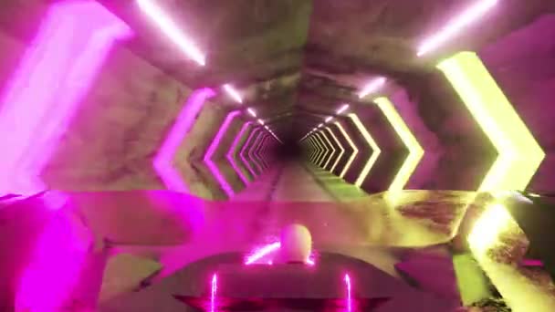 Robot volador al volante de un coche futurista en un largo túnel. Vista desde el techo del coche. Inteligencia artificial y el concepto del futuro. Lazo inconsútil 3d render. — Vídeo de stock