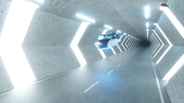 Futuristische lange tunnel met vliegende auto 's. Robots in de bestuurdersstoel. Kunstmatige intelligentie en het concept van de toekomst. Naadloze lus 3d renderen. — Stockvideo