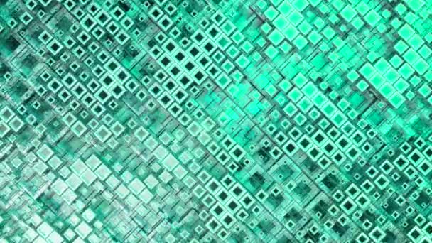 3D анимация разноцветных стеклянных рядов кубиков, плавающих через прог в 4К, создавая абстрактную графическую фоновую технологию текстуры. Безseamloop 3d render. Зеленый синий цвет — стоковое видео