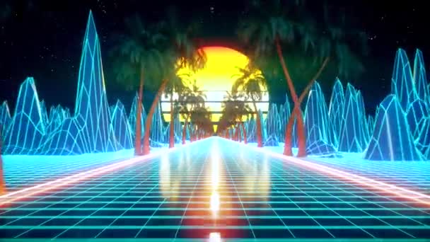 Bucle retro futurista de ciencia ficción sin costuras de los 80. Retrowave VJ paisaje de videojuegos, luces de neón y baja rejilla de terreno polivinílico. Estilizado vintage vaporwave 3D fondo de animación con montañas, sol y estrellas. 4K — Vídeos de Stock