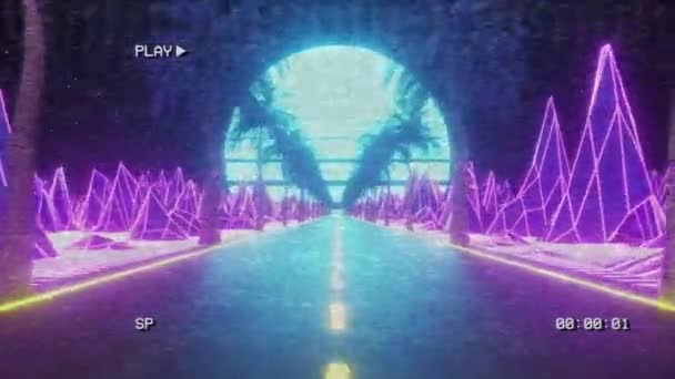 Anii 80 retro futurist sci-fi buclă fără sudură. Retrowave VJ peisaj de joc video, lumini de neon și grilă de teren joasă poli. Stilizat vintage vaporwave 3D fundal de animație cu munți, soare și stele. 4K — Videoclip de stoc