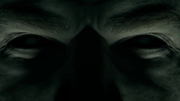 Страшный угрожающий взгляд человека с пустыми черными глазами крупным планом. Концепция ужаса. Бесшовная петля анимации лица персонажа с кинематографическим освещением. 3D рендеринг — стоковое видео