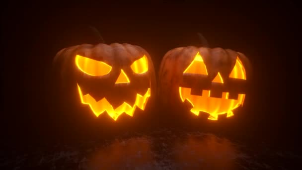 Las calabazas de Halloween se queman, brillan y brillan desde el interior sobre un fondo negro. Ultra HD 4k animación de bucle sin costura para la decoración de horror festivo. — Vídeo de stock