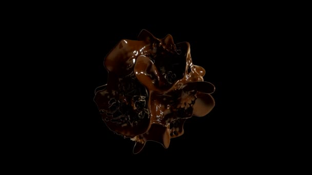 Chocolade vloeistof explosie op geïsoleerde zwarte achtergrond. 3D weergave animatie van splash vloeistof. — Stockvideo