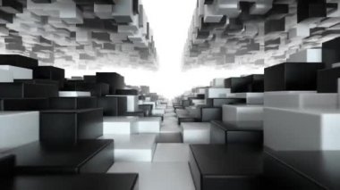 Rastgele hareket eden siyah ve beyaz küplerden oluşan soyut geometrik tünel. Kusursuz 3D döngü oluşturucu