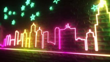 Işıldayan neon gece şehri yıldızlı ve aylı bir duvara karşı. Gece şehri konsepti. Kusursuz 3D döngü oluşturucu