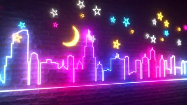 Işıldayan neon gece şehri yıldızlı ve aylı bir duvara karşı. Gece şehri konsepti. Kusursuz 3D döngü oluşturucu