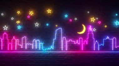 Işıldayan neon gece şehri yıldızlı ve aylı bir duvara karşı. Gece şehri konsepti. Kusursuz 3D döngü oluşturucu