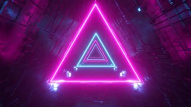 Neon üçgenli bilim kurgu tüneli. Sonsuz uçuş. Modern neon ışıklar. Kusursuz 3D döngü oluşturucu
