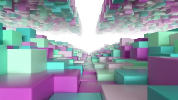 Abstrakt geometrisk tunnel gjord av gröna rosa kuber med slumpmässiga rörelser. Sömlös slinga 3d render — Stockvideo
