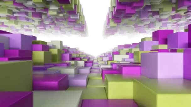 Túnel geométrico abstracto hecho de cubos de color rosa amarillo con movimiento aleatorio. Lazo inconsútil 3d render — Vídeo de stock