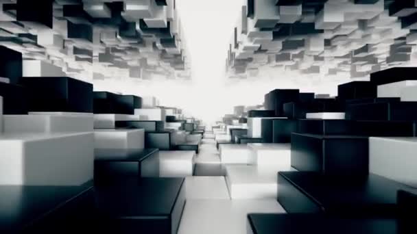 Tunnel geometrico astratto realizzato con cubi in bianco e nero con movimento casuale. loop senza soluzione di continuità rendering 3d — Video Stock