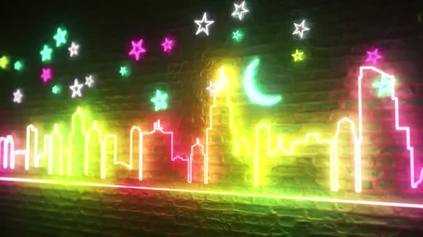 Shimmering neon nocne miasto pod murem z cegły gwiazd i księżyca. Koncepcja miasta nocy. Płynna pętla 3d renderowania — Wideo stockowe