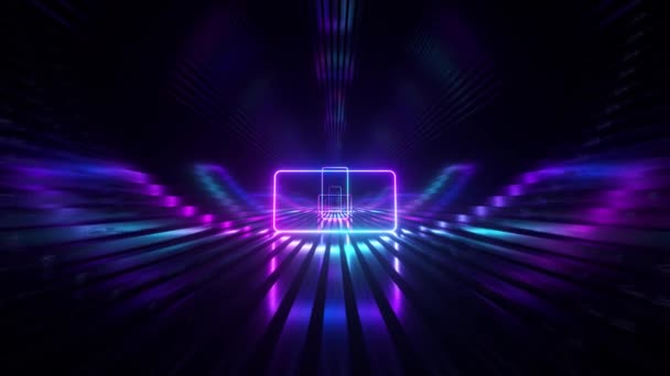 Sci-fi tunnel with neon rounded square. An endless flight forward. Modern neon lighting. Seamless loop 3d render — Stock Video