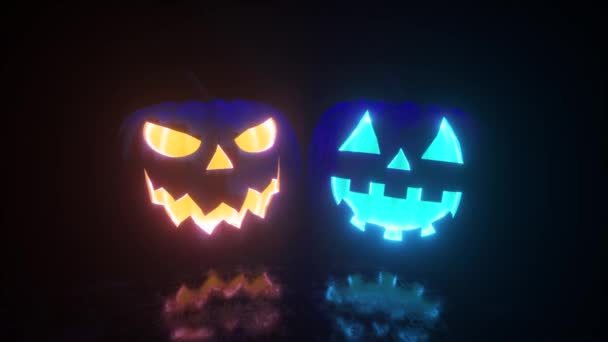 Хэллоуин, две тыквы со страшным свечением лица изнутри в двух разных цветах. Яркое неоновое освещение. Бесшовный трехмерный рендер — стоковое видео