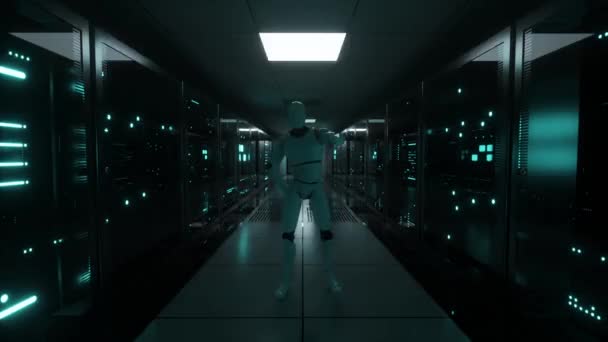 Dansande robot i serverrummet. Dataservrar bakom glasrutor i datacentrets serverrum. Sömlös slinga 3d render — Stockvideo