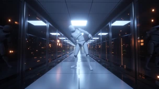 서버 실에서 춤추는 로봇. 데이터 서버는 데이터 센터의 서버 실에 있는 유리 패널 뒤에 있다. 바닷물없는 루프 3d 렌더링 — 비디오