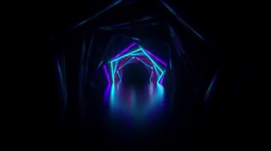 Soyut neon altıgen tünel teknolojisi. Bitmek bilmeyen kıvrımlı animasyon arka planı. Modern neon ışığı. Parlak neon çizgiler parıldar ve ilerler. Kusursuz 3D döngü oluşturucu