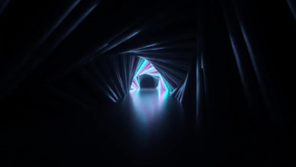 Túnel de triángulo de neón abstracto tecnológico. Fondo animado arremolinado sin fin. Luz de neón moderna. Las líneas de neón brillantes brillan y avanzan. Lazo inconsútil 3d render — Vídeo de stock