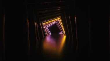 Soyut neon kare tünel teknolojisi. Bitmek bilmeyen kıvrımlı animasyon arka planı. Modern neon ışığı. Parlak neon çizgiler parıldar ve ilerler. Kusursuz 3D döngü oluşturucu