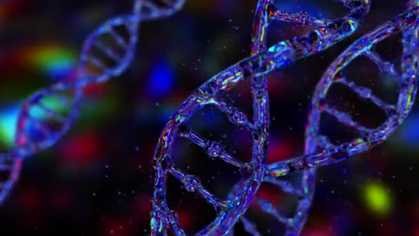DNA abstrato sobre um fundo escuro. O holograma de DNA brilha e brilha com cores iridescentes. Conceitos de ciência e medicina. Laço sem costura 3d render — Vídeo de Stock