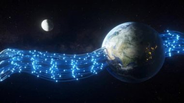 Dünya 'dan geçen ve ona enerji veren kablolar. Nabız fiber optik boyunca gidiyor. Teknolojik konsept. 3d hazırlayıcı