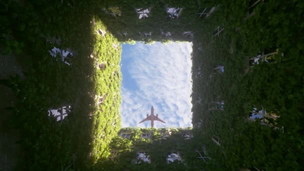 Avião voador ao pôr do sol sobre um edifício com vegetação. Conceito de negócios e turismo. Renderização 3d — Vídeo de Stock