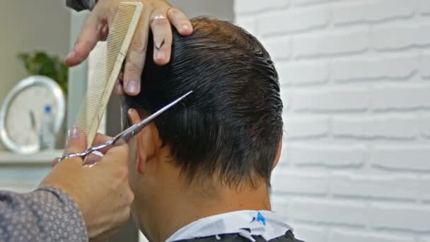 Barbeiro a cortar o cabelo de um homem na barbearia. Cabeleireiro no trabalho. Salão de beleza . — Vídeo de Stock