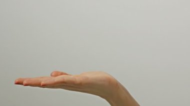Hiçbir şey tutarak gri arka plan üzerinde 1 kadın yetişkin uzanmış kafkas el yakından görünümü. Genç kadınlar sanal ve görünmez bir şey gösteriyormuş gibi el ile hareket ediyor.