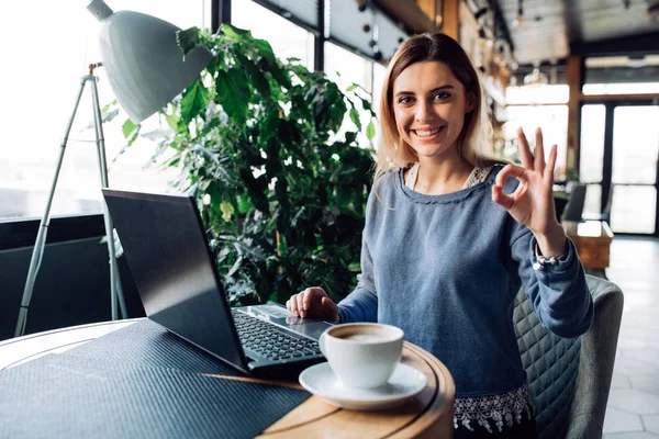 Chica alegre mostrando signo ok, sentado en la cafetería con el ordenador portátil — Foto de Stock
