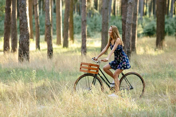 Chica Monta Una Bicicleta Con Una Cesta Bosque — Foto de Stock