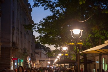 BELGRAD, SERBIA - 22 Nisan 2018: Kneza Mihailova Caddesi, kalabalık, bulanık insanlar acele ediyor. Aynı zamanda Knez Mihaila olarak da bilinir, burası şehrin ana yaya caddesi.