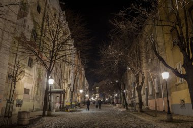 Belgrade, Sırbistan - 14 Şubat 2015: Skadarlija street (Kosovsa olarak da bilinir) ile tipik Arnavut kaldırım kafeleri ve restoranları ve turistler tarafından geçen gece