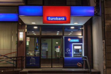 Belgrade, Sırbistan - 23 Haziran 2018: Atm Eurobank Efg Sırbistan'ın Belgrad Merkezi ana ofiste. Yunanistan'ın 3 banka ve Sırbistan'daki ana bankalar Eurobank biridir