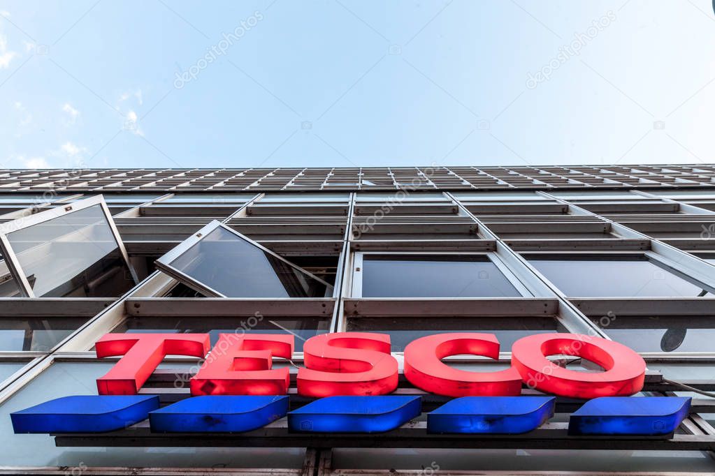 SZEGED, HUNGARY - JULY 3, 2018: Tesco on their main supermaket in Szeged. Tesco is a british supermarket, groceries and general merchandise retailer spread in Europe