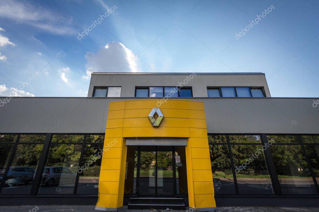 BELGRADE, SERBIA - JULY 29, 2018: Renault logo on their main dealership store Belgrade. Renault is a French car and automotive manufacturer, one of the biggest in Europe