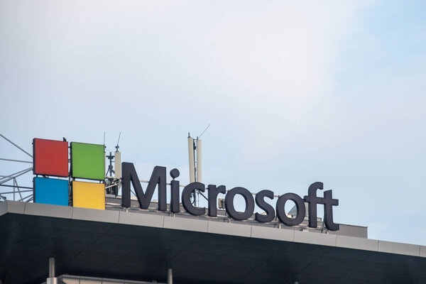 BELGRADE, SERBIA - AUGUST 1, 2018: Microsoft logo on their main office for Serbia (Microsoft Development Center). Microsoft Corporation one of the main softwares manufacturer