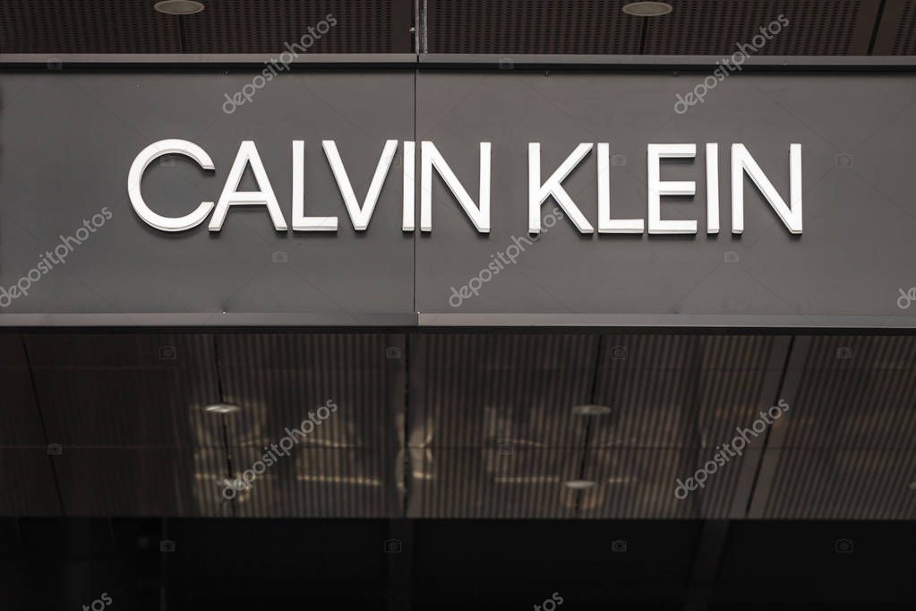 BELGRADE, SERBIA - AUGUST 19, 2018: Calvin Klein logo on their main store in Belgrade Serbia. Calvin Klein is an American fashion house and luxury goods manufacturer