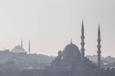 Sultanahmet (veya Sultanahmet Camii) camilerin şekilleri ve cupolas ve minare ön planda görünür ile gölge Istanbul, Eminönü