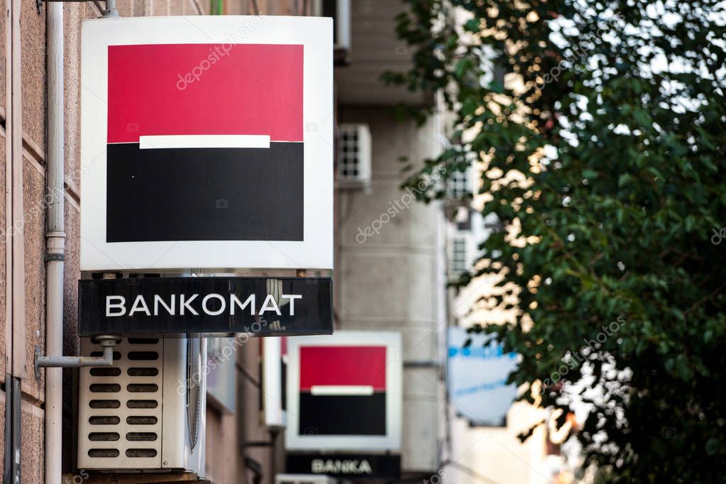 BELGRADE, SERBIA - SEPTEMBER 2, 2018: Logo of Societe Generale on one of their branches (also called Societe generale Srbija) indicating an ATM (Bankomat). Societe Generale is one of the main banks in France and Europe
