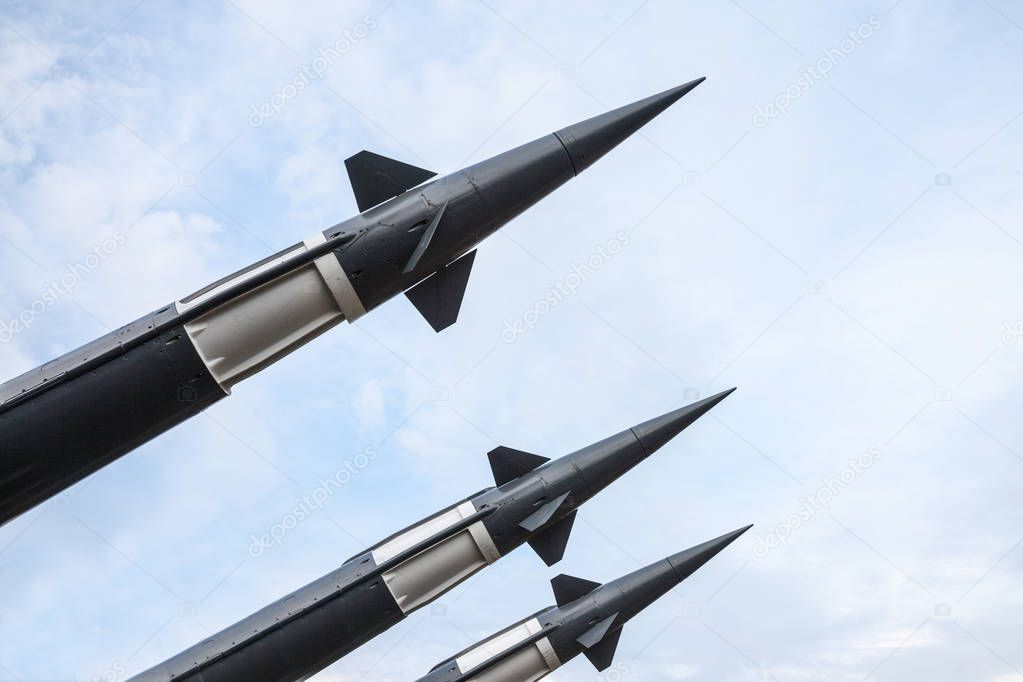 Ballistic missile warheads on a Russian rocket launcher in Belgrade, Serbia, during a sunny afternoon.